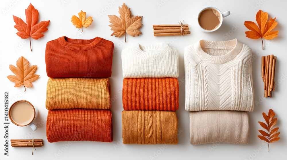 Mood board Coffee concept. Cozy autumn mood board with leaves sweaters and coffee