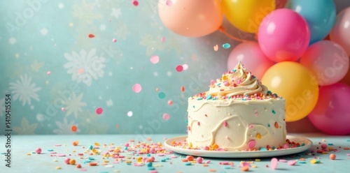 Colorful balloons and confetti in a bright background with a large cake, festive decor, colorful balloons, party atmosphere
