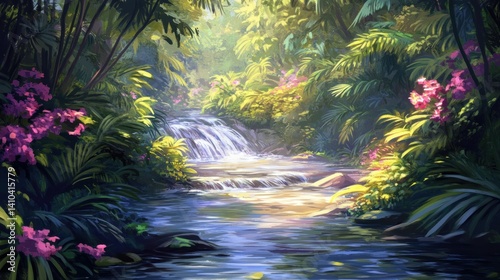 Fototapeta Naklejka Na Ścianę i Meble -  A beautiful stream flows through a lush green and pink jungle