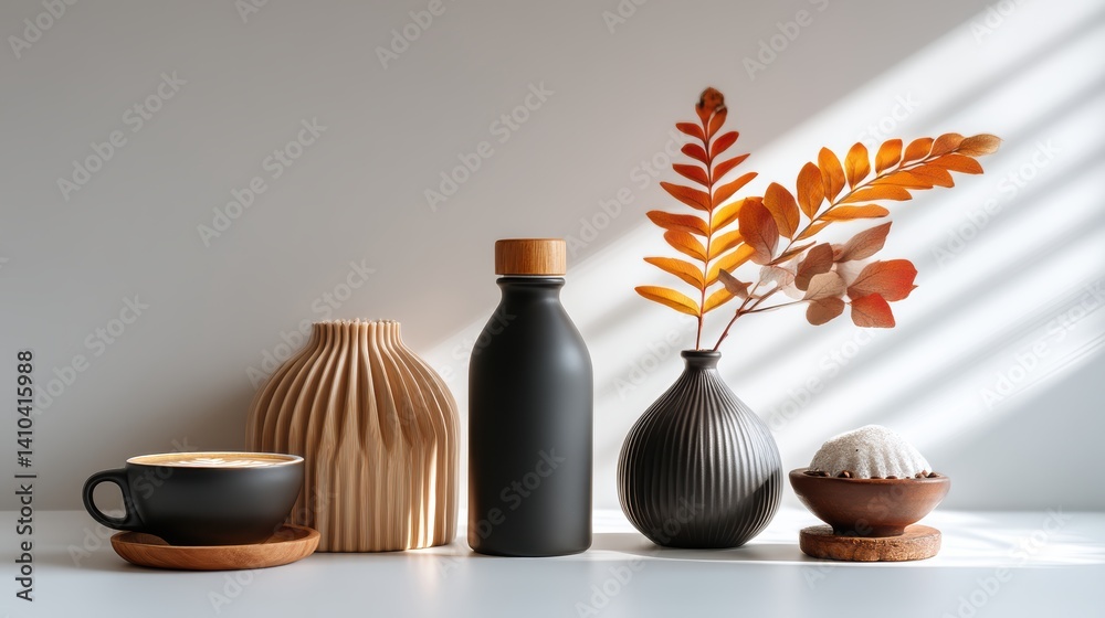 Mood board Coffee concept. Dark and moody coffee setup with black ceramics and natural elements long title A stylish and minimalist coffee table arrangement featuring