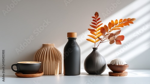 Obraz na płótnie Mood board Coffee concept. Dark and moody coffee setup with black ceramics and natural elements long title A stylish and minimalist coffee table arrangement featuring w salonie