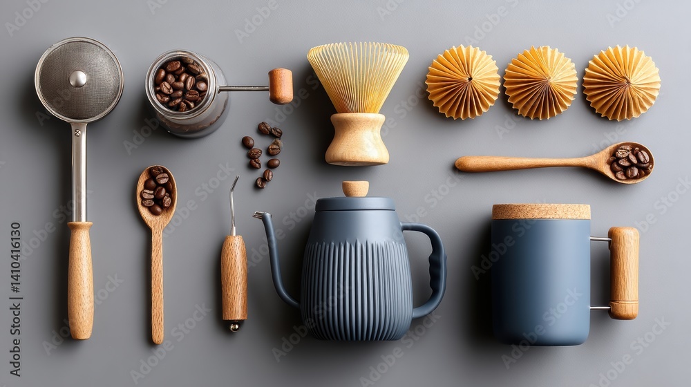 Mood board Coffee concept. Flat lay of coffee accessories including grinder kettle and dripper