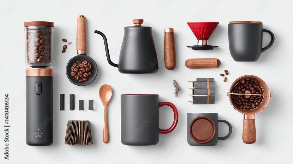Mood board Coffee concept. Flat lay of coffee brewing accessories