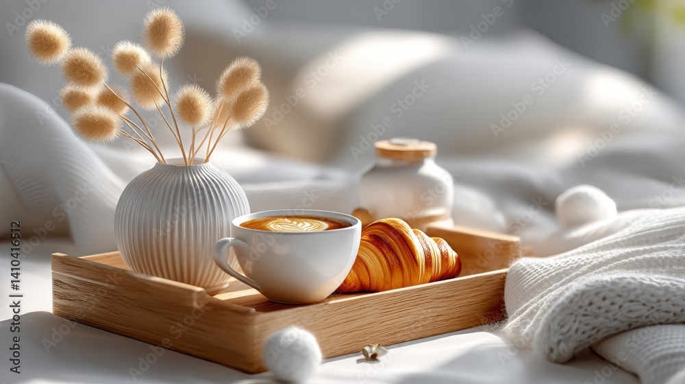 Mood board Coffee concept. Relaxing morning in bed with tray of coffee and croissant