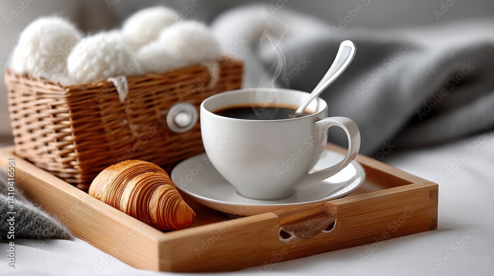 Mood board Coffee concept. Relaxing morning with coffee and croissants on a wooden tray