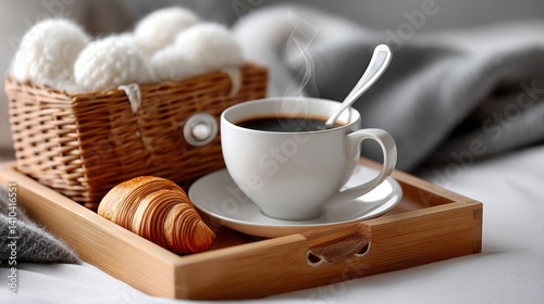 Obraz na płótnie Mood board Coffee concept. Relaxing morning with coffee and croissants on a wooden tray w salonie
