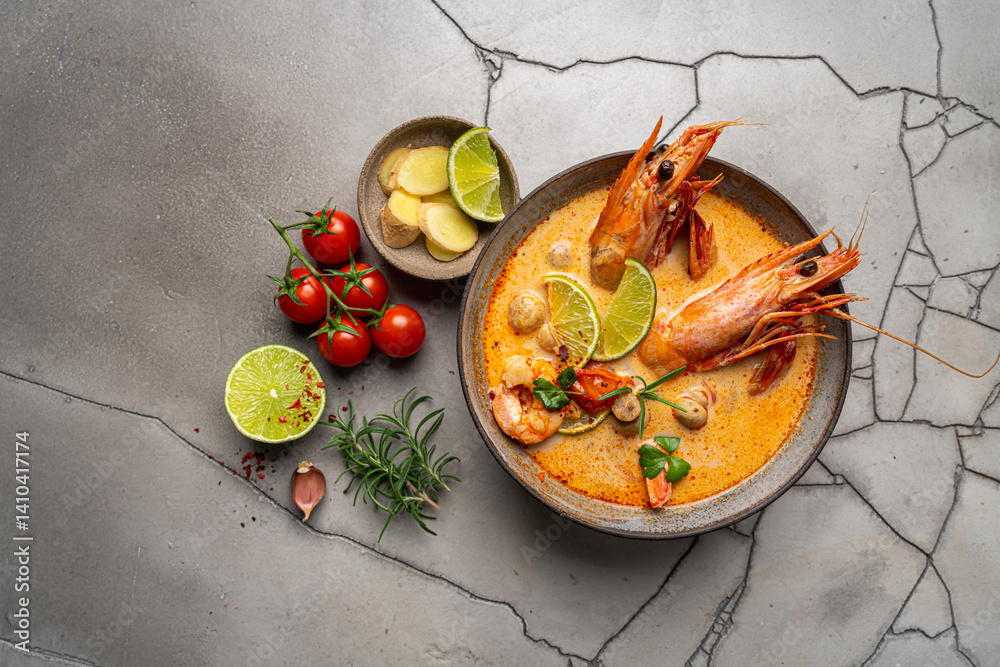 Tom Yam kung Spicy Thai soup with shrimp, seafood, coconut milk and chili pepper in a bowl, top view with copy space