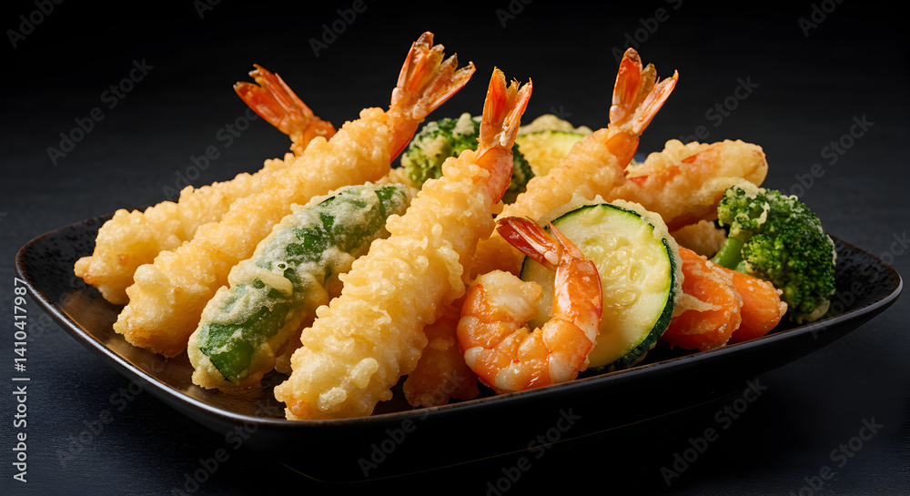 Delicious Japanese Tempura Featuring Shrimp and Vegetables On Dark Surface Delicious Japanese Tempura Featuring Shrimp and Vegetables On Dark Surface