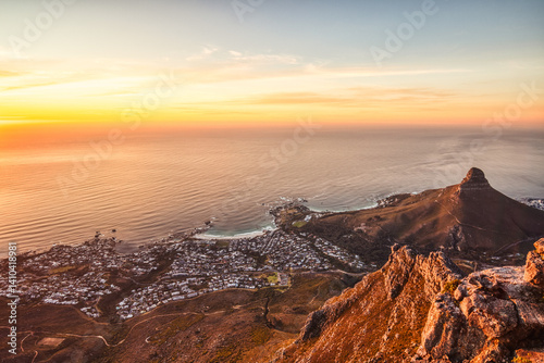 Cape Town Sunset Aerial View from Table Mountain over Camps Bay, Lion's Head and Twelve Apostles in the Background