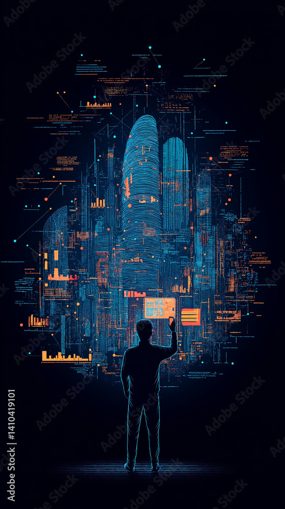Fototapeta premium Vision of a digital future: A silhouette of a person stands before a glowing, futuristic cityscape composed of interconnected data streams and networks, representing the advancement of technology. 