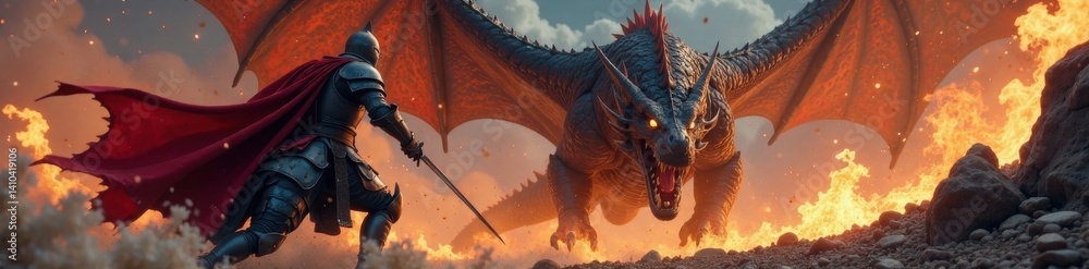 Fototapeta premium Knight in armor charging at a fierce dragon, battle, knights, dragons