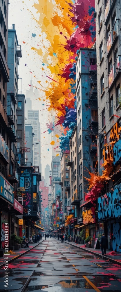 Fototapeta premium A vibrant urban street scene featuring colorful buildings adorned with striking graffiti art. The pavement is lined with eclectic shops, and a few pedestrians stroll by, adding life to the atmosphere.