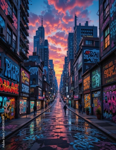 A vibrant urban street scene featuring colorful graffiti art adorning the walls of various buildings, showcasing a mix of modern and vintage architecture, with pedestrians strolling by.