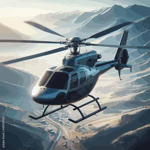 Realistic helicopter flying over snowy mountains with a scenic landscape in the background