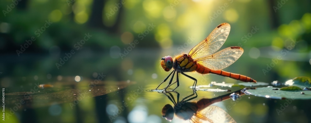 Dragonfly on water with blurred trees, foliage, dragonfly