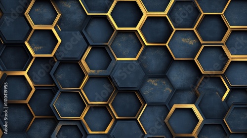 A 3D rendering of a honeycomb pattern with alternating dark blue and gold hexagons.