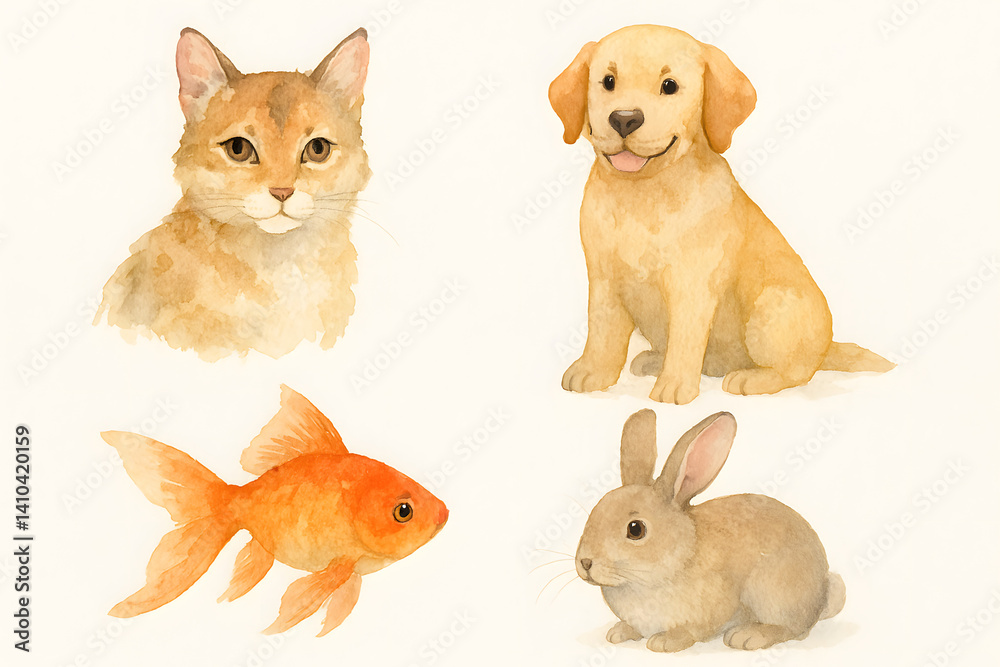 Fototapeta premium Watercolor Illustrations of Cat, Dog, Goldfish, and Rabbit