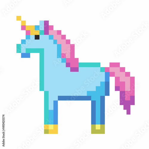 Colorful Pixel Art Unicorn with Rainbow Mane and Tail in Retro Style