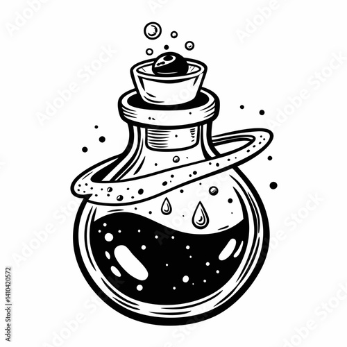 Abstract Black and White Ink Drawing of a Potion Bottle with Magic Elements