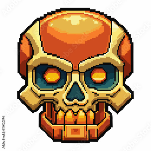 Retro Pixel Art Robotic Skull Illustration with Bright Colors and Detailed Design