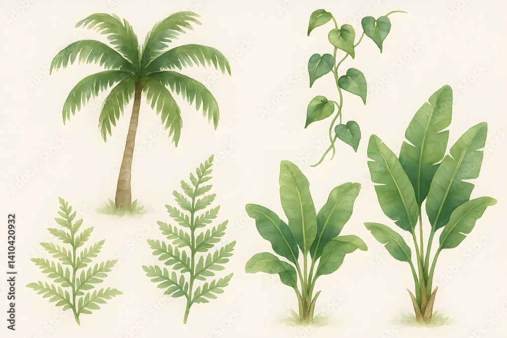 Obraz premium Watercolor Illustration of Various Tropical Plants