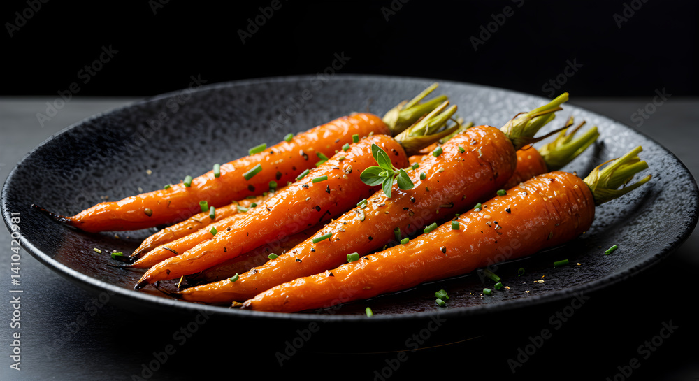 Glazed Carrots Garnished With Fresh Chives And Spices On Dark Plate Glazed Carrots Garnished With Fresh Chives And Spices On Dark Plate