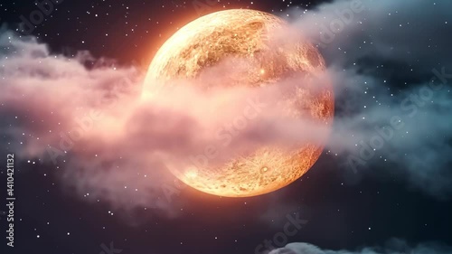 Enthralling Celestial Scene: A fiery orange full moon majestically emerges from a sea of clouds under a starlit sky.