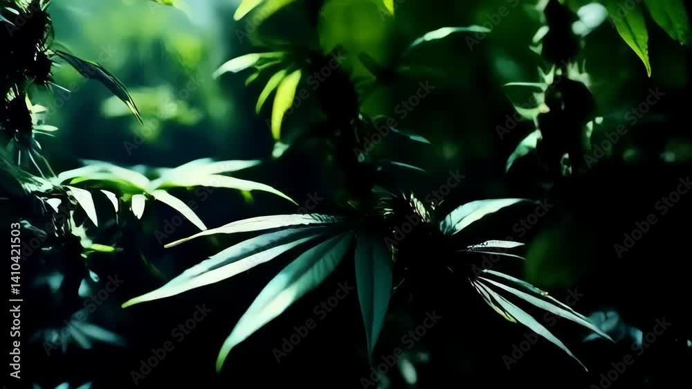 Exploring the lush cannabis plants in a serene, green environment during early morning sunlight
