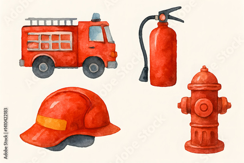 Watercolor Firefighting Equipment Illustrations
