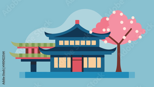 : korean hanok house with cherry blossom tree