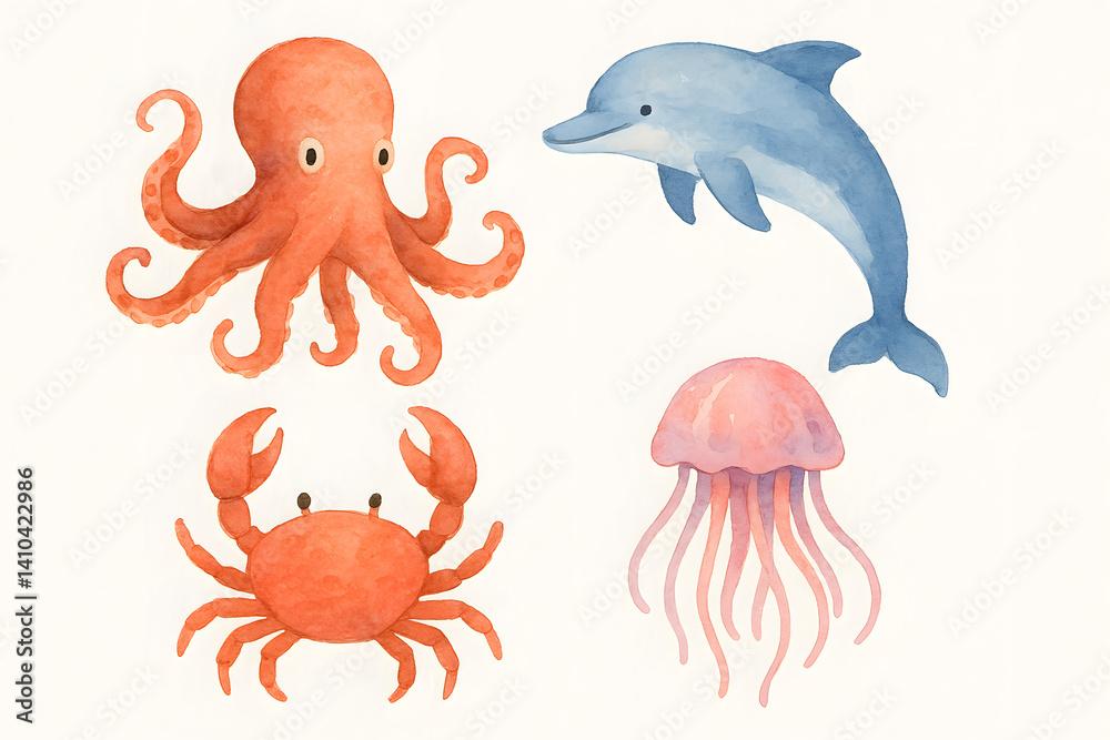 Fototapeta premium Watercolor Marine Animals Illustration for Kids