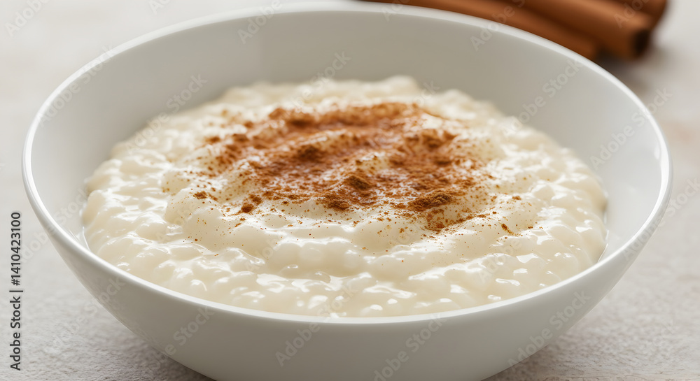 Creamy Rice Pudding With Cinnamon Spice In a White Bowl Creamy Rice Pudding With Cinnamon Spice In a White Bowl