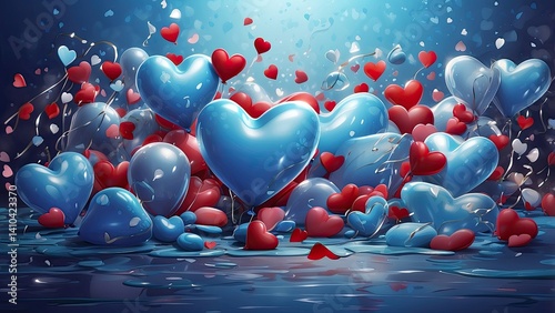 A vibrant illustration for Valentine's Day featuring large, glossy blue hearts and balloons surrounded by smaller hearts and splashes of light blue hues