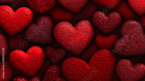 Textured red hearts creating a romantic pattern