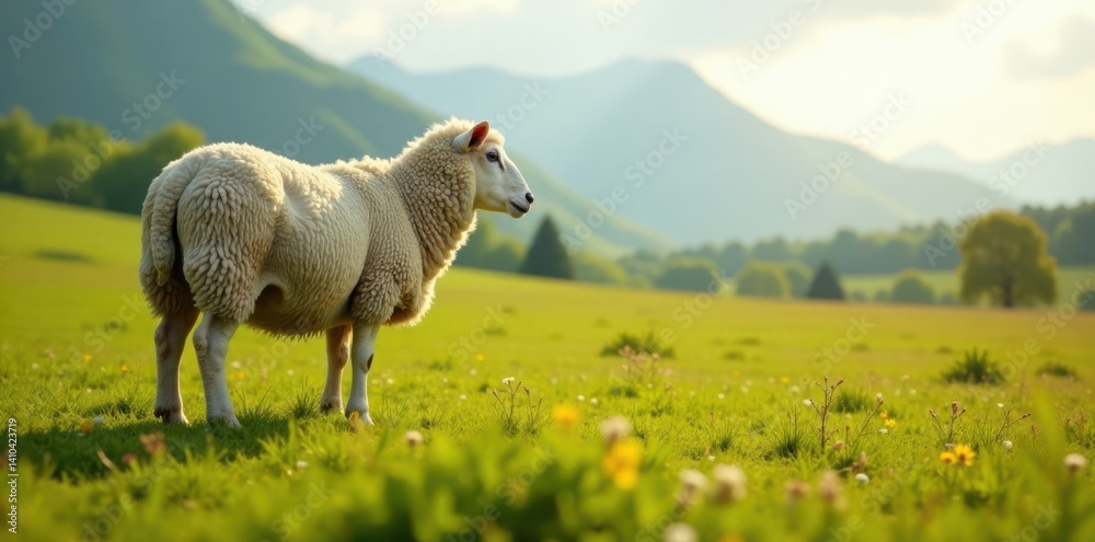 Naklejka premium Profile view of sheep grazing in the countryside, farm, livestock