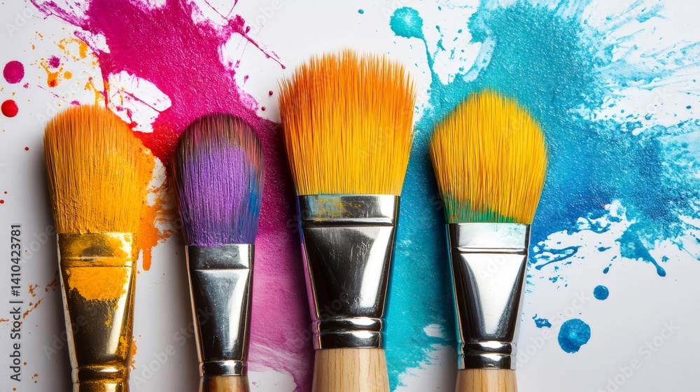 Fototapeta premium Paintbrushes creating colorful splashes on white background