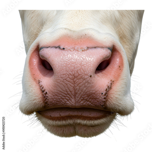 Cow’s pink nose in detailed frontal view