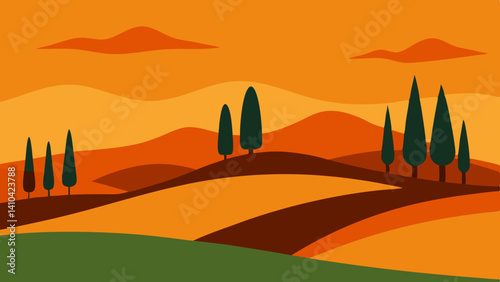 tuscan hills with cypress trees and orange backdro