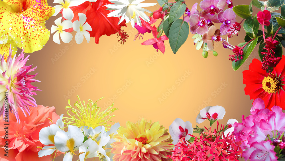 Summer background with tropical orchid flowers and green tropical palm leaves on light background. Flat lay, top view. Summer party backdrop