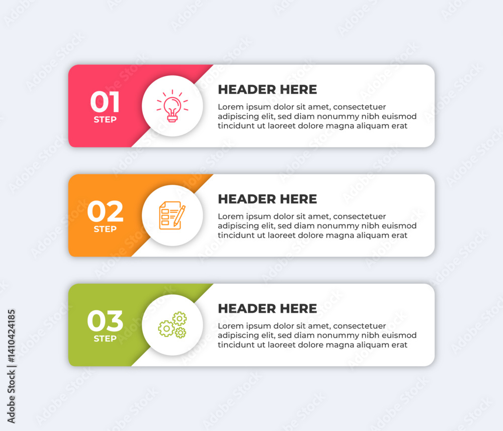 Three step process with a light bulb a checklist and gears. Three step process with a light bulb a checklist and gears.