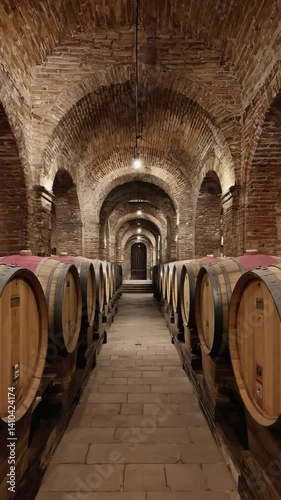 Arched brick wine cellar hallway with wooden barrels aging in perspective