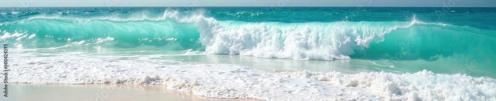 Fototapeta premium Ocean waves crashing on white sandy beach with turquoise foam, water texture, turquoise foam