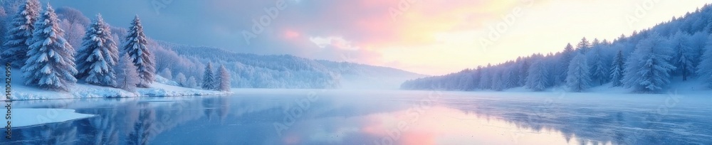 Fototapeta premium Icy landscape with snow-covered trees and a frozen lake , icy, winter