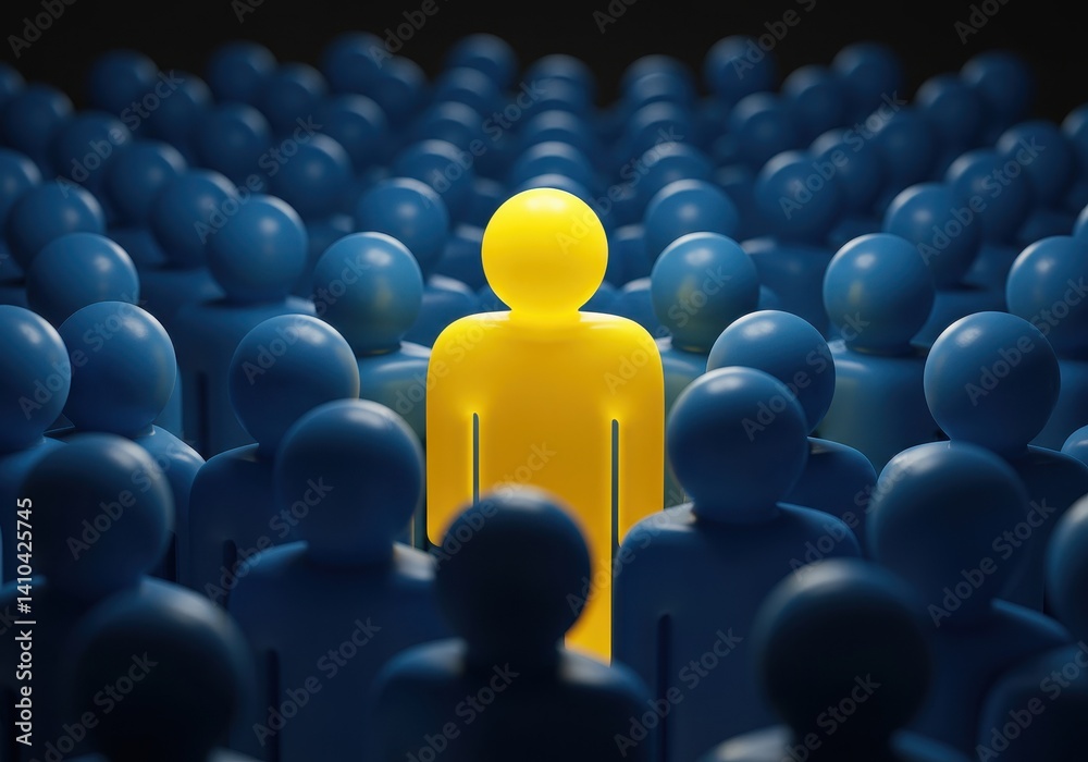 Obraz premium Bright yellow figure standing out among uniform blue crowd symbolizing uniqueness and leadership