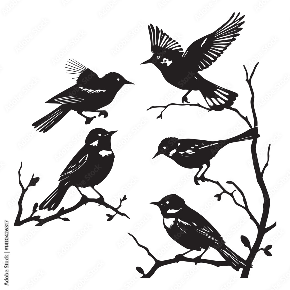 Obraz premium Small Birds and Tree Silhouette Vector Wildlife Illustration