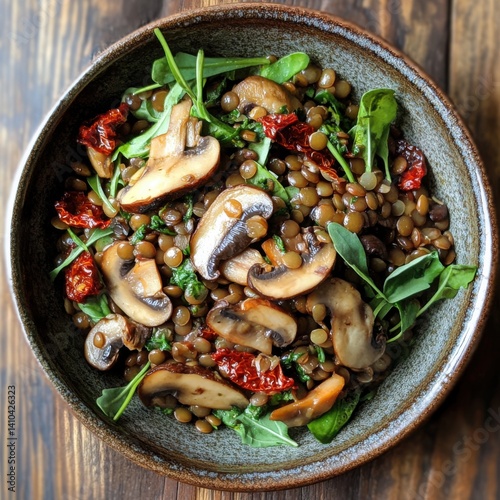 Green Lentil Salad with Sautéed Mushrooms and Sun-dried Tomatoes