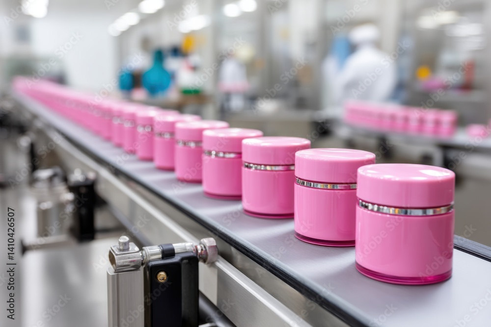 Pink cosmetic jars on a conveyor belt, in a factory production line setting. Pink cosmetic jars on a conveyor belt, in a factory production line setting.