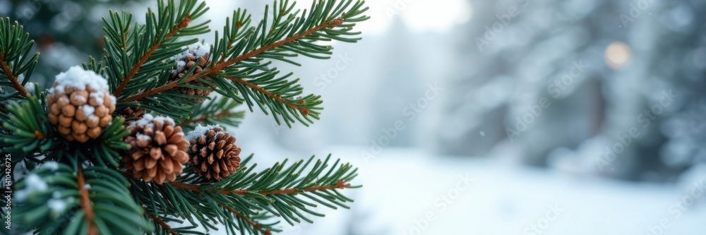 Dense fir branches with rustic pine cones and evergreen foliage against a snow-covered winter background, forest, pine, festive Dense fir branches with rustic pine cones and evergreen foliage against a snow-covered winter background, forest, pine, festive