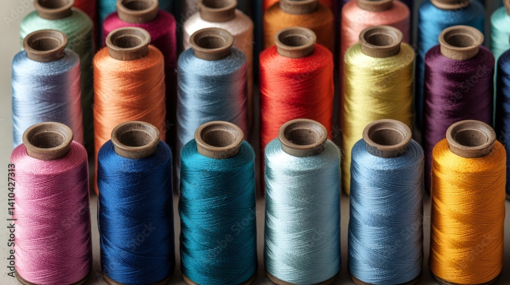 Colorful spools of thread creating a vibrant array for sewing and embroidery