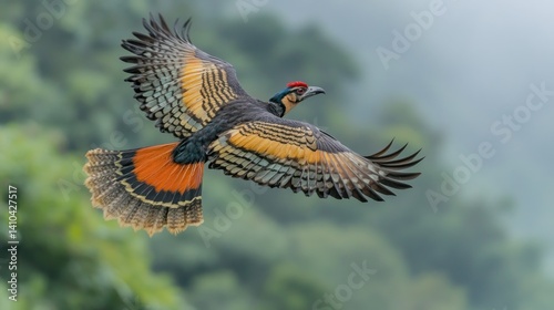 Vibrant bird soaring through lush green forest, showcasing colorful plumage and freedom